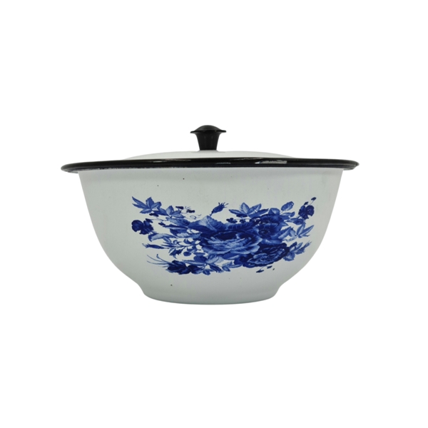 White Enamel Bowl with Lid & Blue Print (16cm)