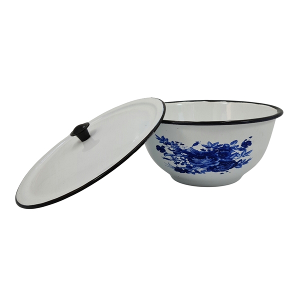 White Enamel Bowl with Lid & Blue Print (16cm) - Image 2